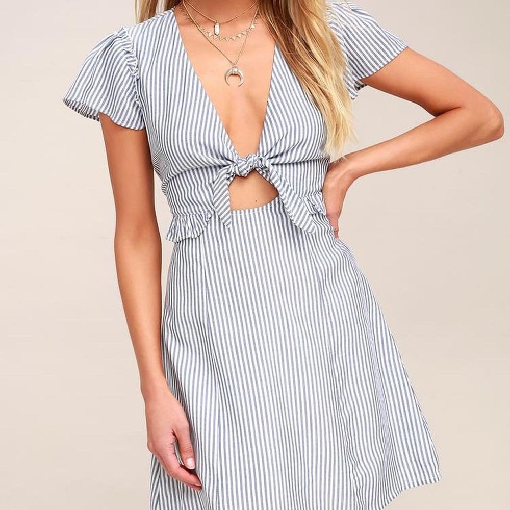 Lulus Seaport Navy Blue and White Striped Tie-Front Dress